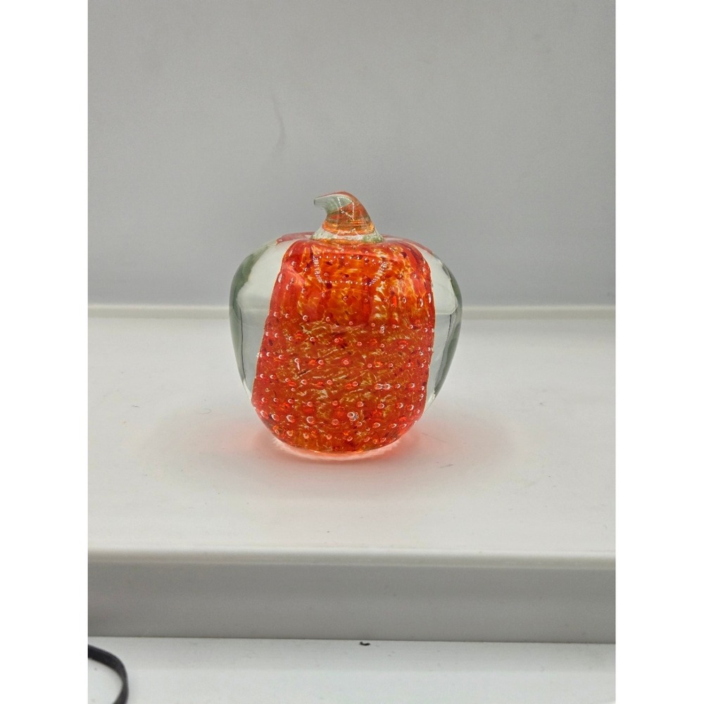Art Glass Pumpkin‎ Paperweight Orange Controlled Bubble Blown Glass Figurine 3"
